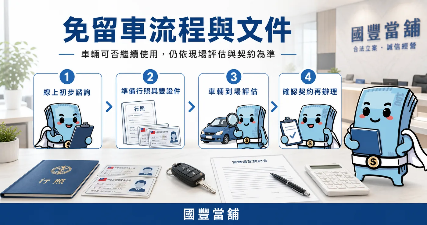汽車借款免留車流程與文件，線上初步諮詢、準備行照與雙證件、車輛到場評估、確認契約再辦理