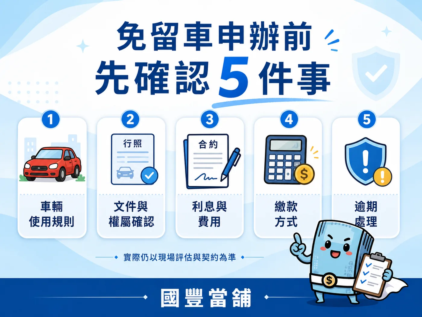 汽車借款免留車申辦前先確認五件事，車輛使用規則、文件權屬、利息費用、繳款方式與逾期處理