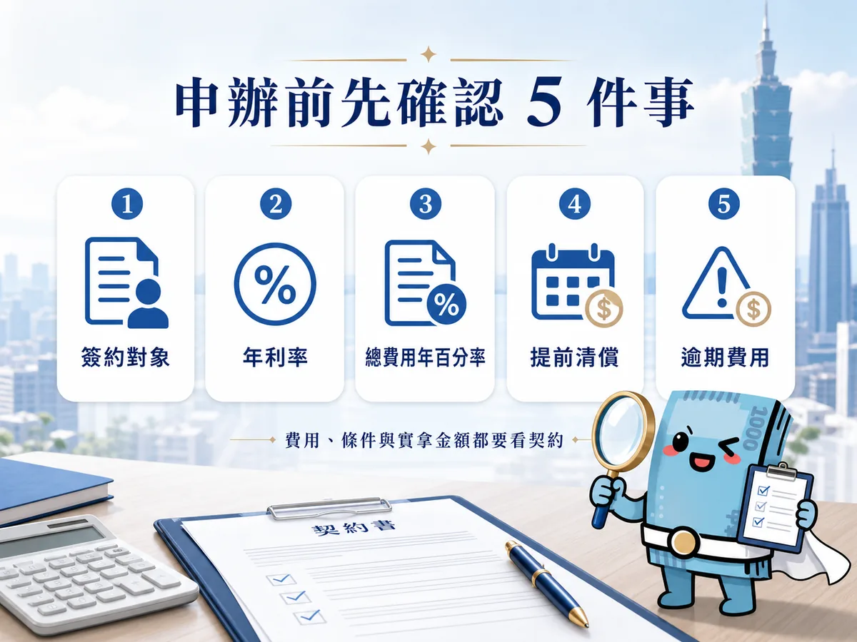 融資公司貸款申辦前五項契約檢查，包含簽約對象、年利率、總費用年百分率、提前清償與逾期費用