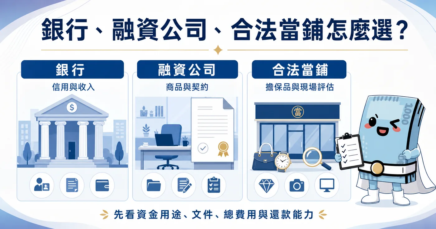 銀行、融資公司與合法當舖的身分、評估重點及契約差異比較