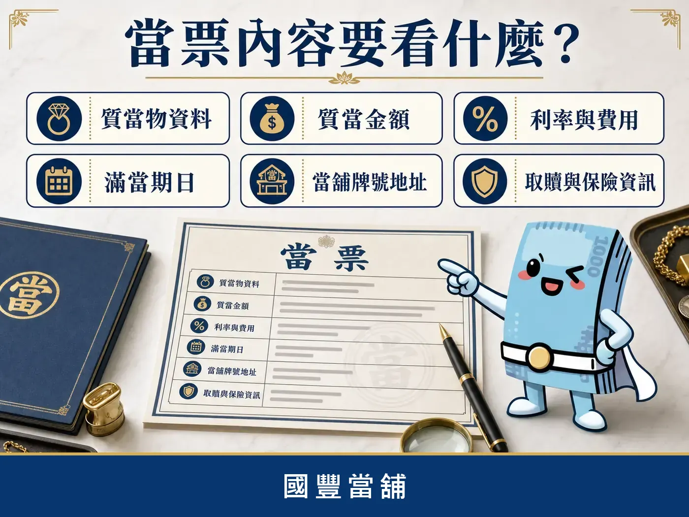 合法當票內容檢查，質當物、金額、利率費用、滿當期日、牌號地址與取贖保險資訊