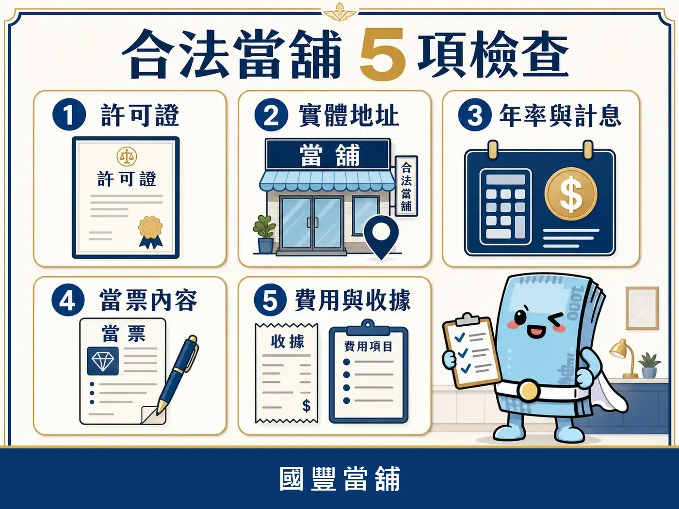 合法當舖五項檢查，許可證、實體地址、年率計息、當票內容與費用收據
