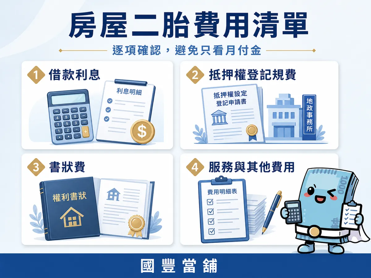 房屋二胎費用清單，包含借款利息、抵押權登記規費、書狀費與服務及其他費用