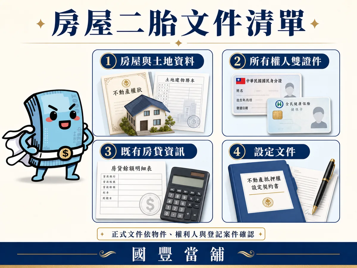 房屋二胎文件清單，包含房屋土地資料、所有權人雙證件、既有房貸與設定文件