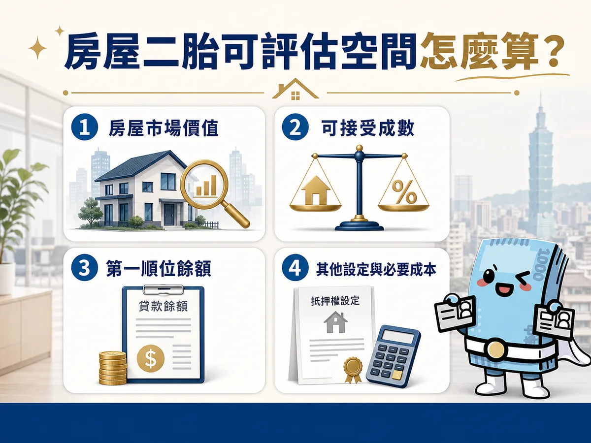房屋二胎可貸額度評估因素，包括房屋價值、前順位餘額、權屬與還款能力
