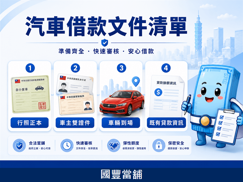 汽車借款文件清單,行照正本、車主雙證件、車輛到場與既有貸款資訊