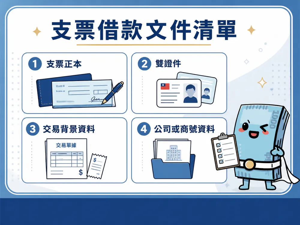 支票借款文件清單包含支票正本、雙證件、交易背景資料及公司或商號資料